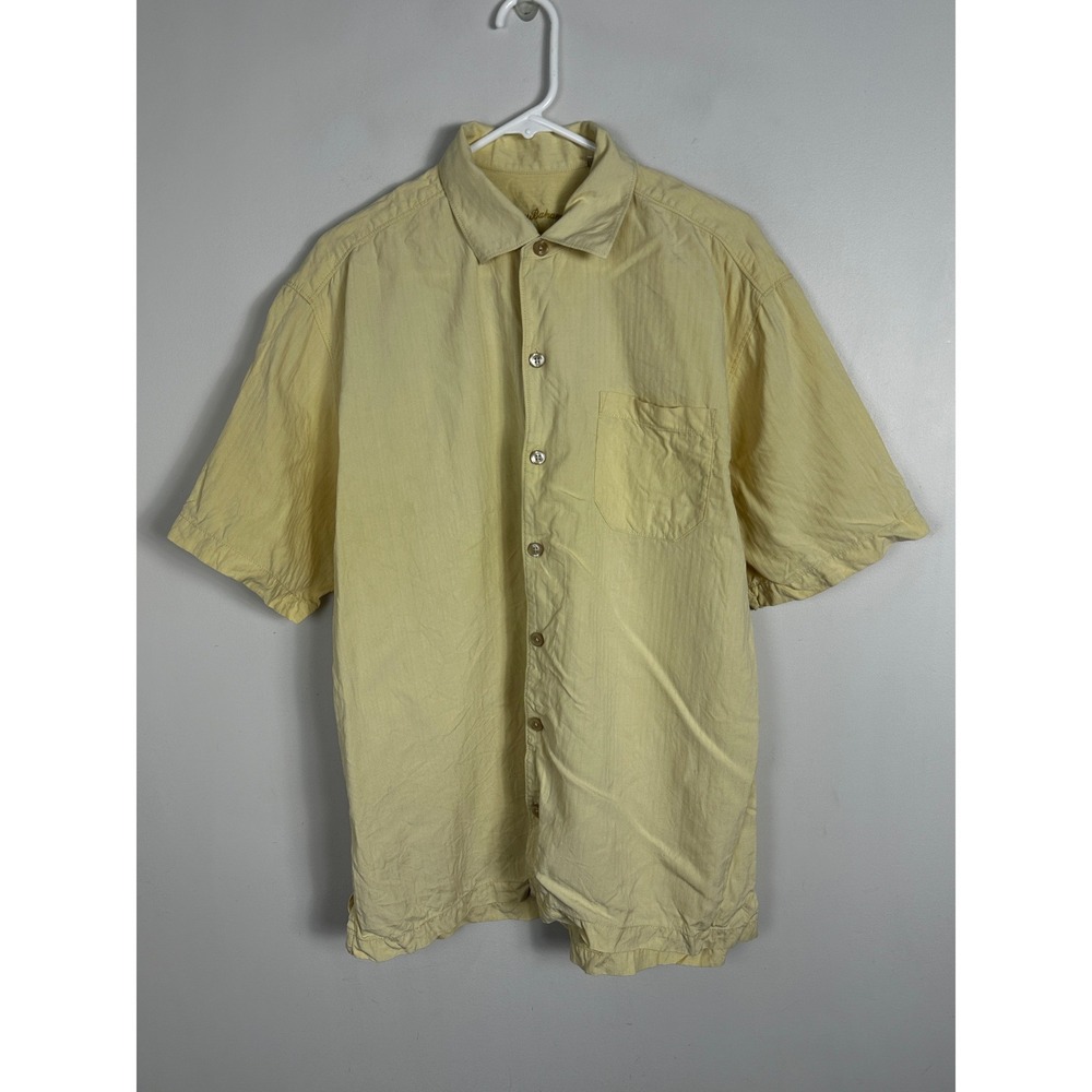 Tommy Bahama 100% Silk Yellow Short Sleeve Collared Button Shirt Mens Sz Large
